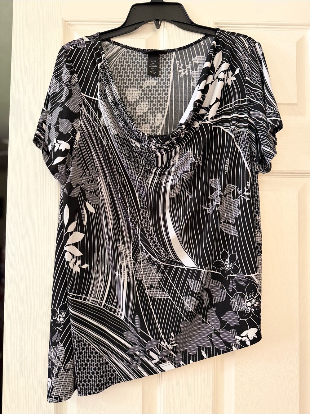 Lane Bryant Asymmetrical Black & White Floral-Stripe Short Sleeve Top